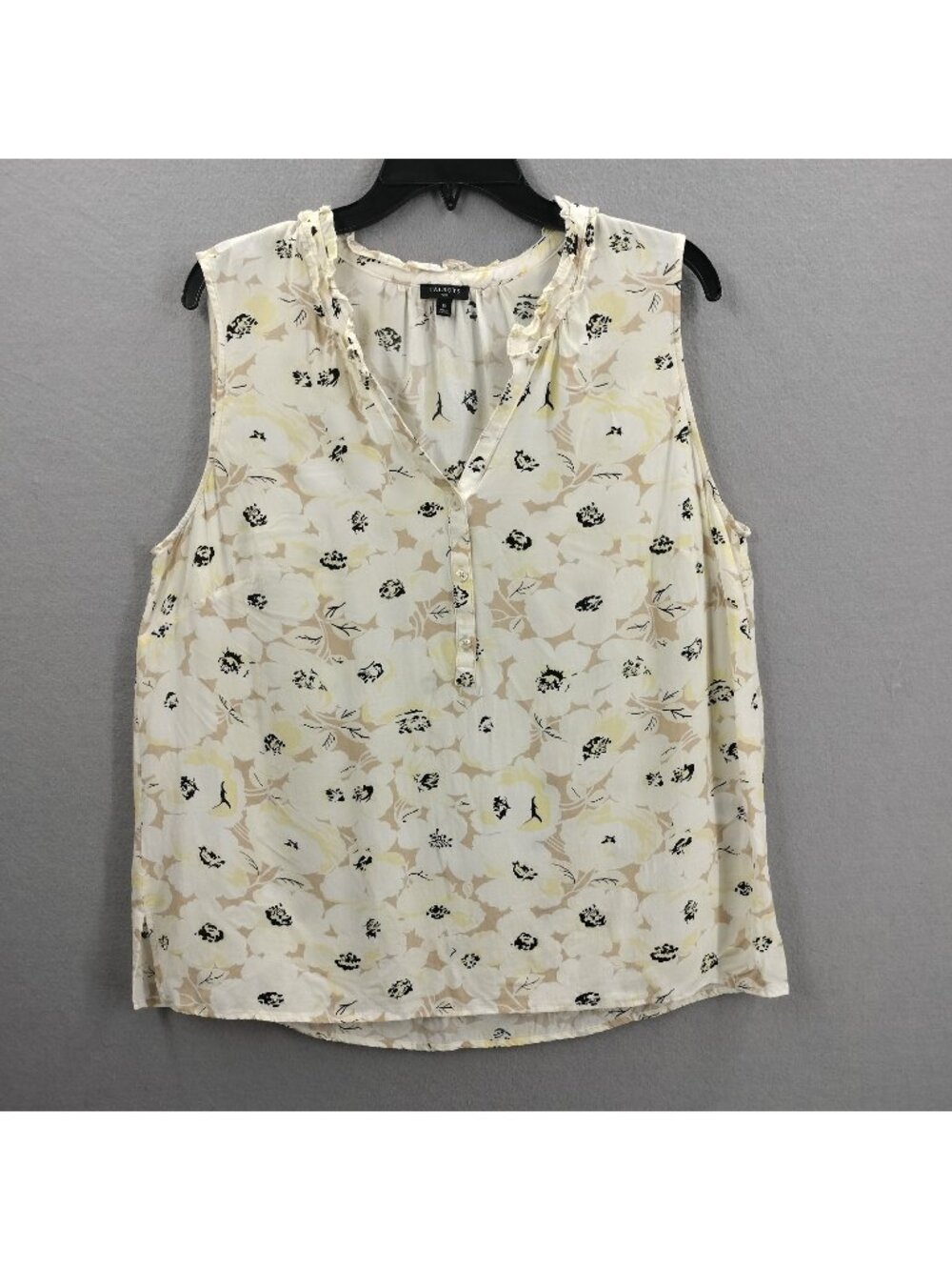 Talbots Women 1X Blouse Yellow White Floral Sleeveless V-Neck 100% Viscose Summe